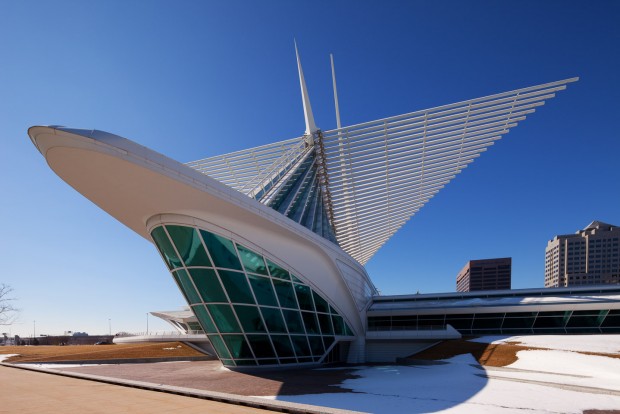 an exterior rear perspective of the Milwaukee Art Museum, designed by Santiago Calatrava, photographed by Jacob Rosenfeld